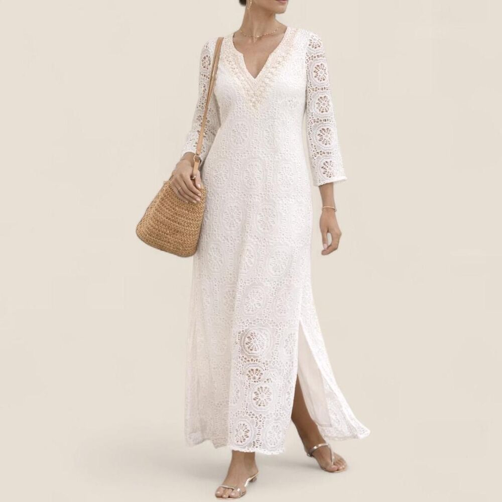 Lilly Pulitzer sharrie caftan king street white lace sequin maxi dress XS resort